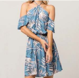 O'Neill Ashby Tropical Palm Print Cold Shoulder Halter Mini Dress